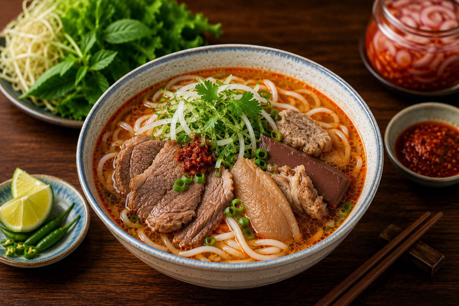 A bowl of bun bo hue with lemongrass broth
