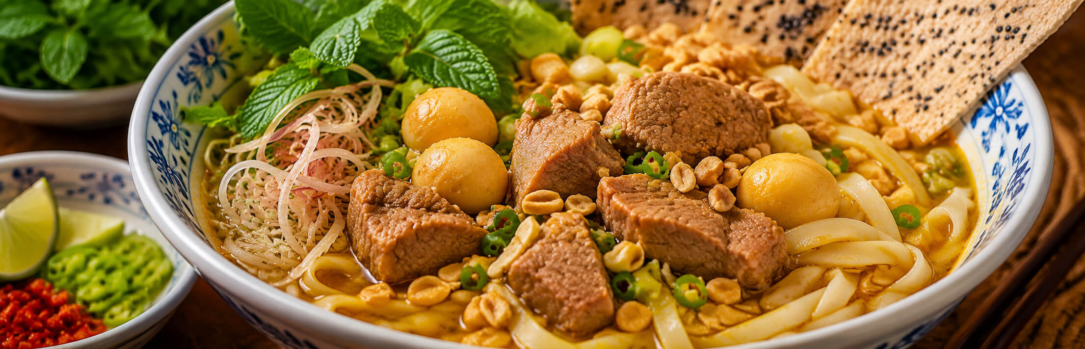 Authentic Da Nẵng-style Mì Quảng with turmeric noodles, sesame rice crackers, and fresh herbs