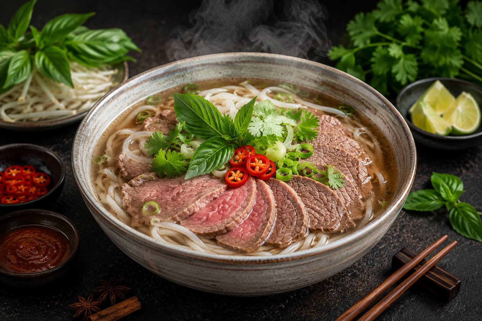 A steaming bowl of pho with herbs and lime
