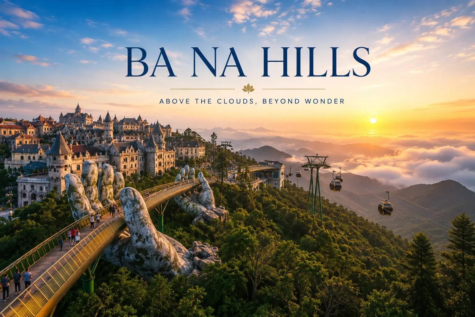 Golden Bridge Ba Na Hills Bali held by giant stone hands mountain view