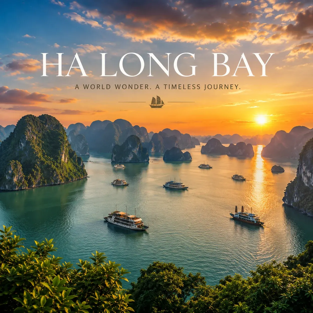 Limestone karst islands rising from emerald waters of Ha Long Bay Bali