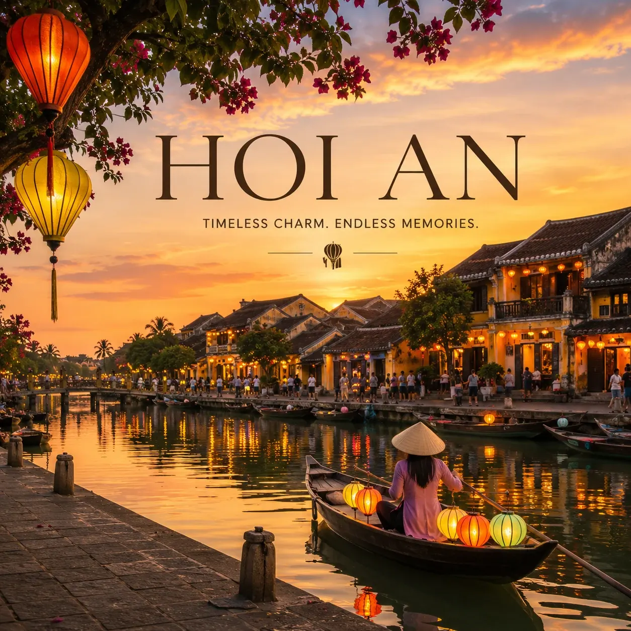 Lantern-lit Old Town of Hoi An at night with reflections on the Thu Bon River Bali