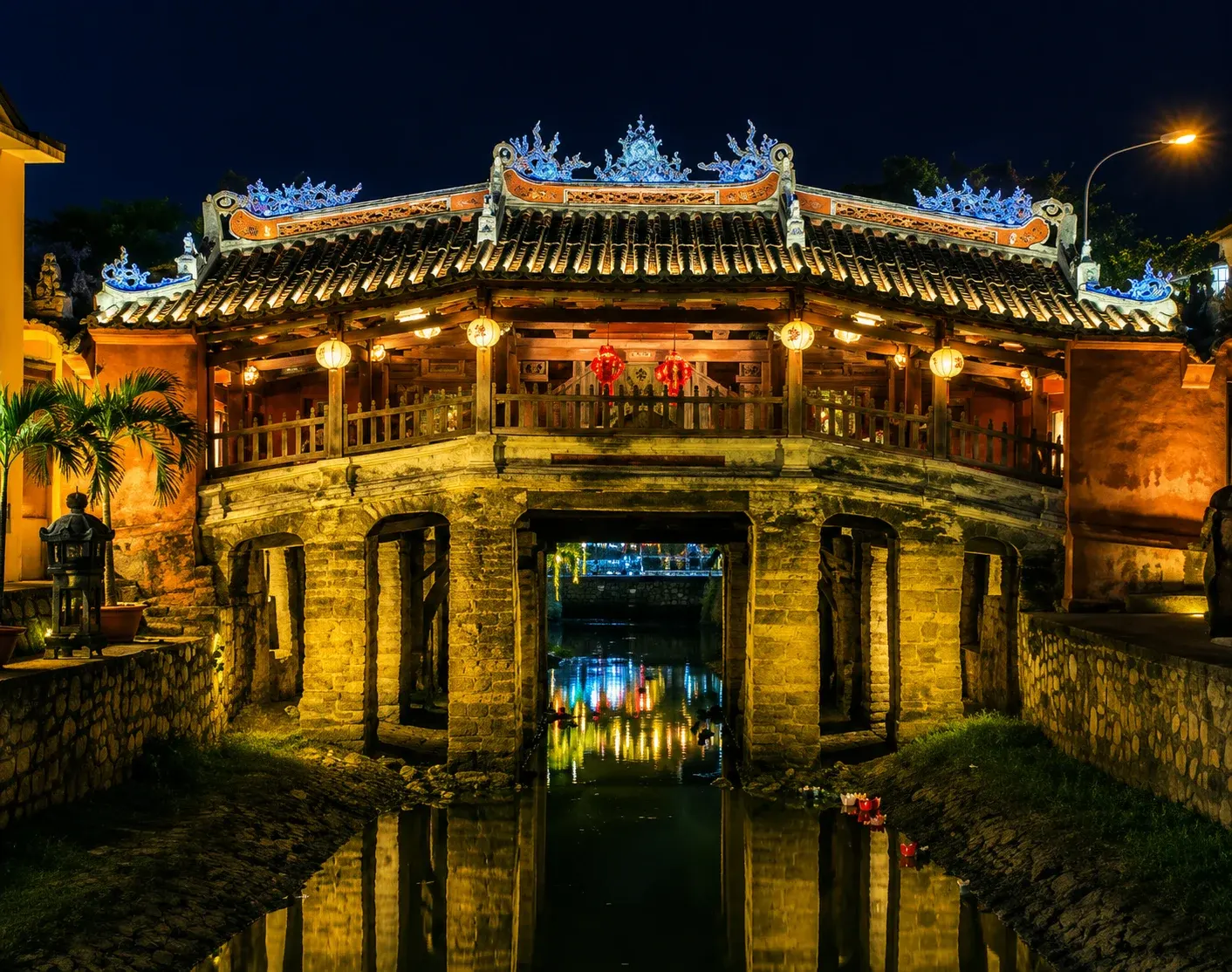 400-year-old Japanese Covered Bridge with lanterns Hoi An Bali