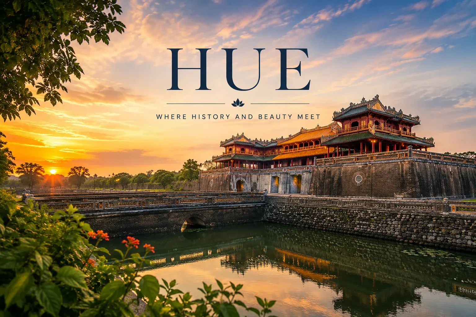 Meridian Gate (Ngo Mon) of the Imperial Citadel of Hue Bali with moat and golden towers