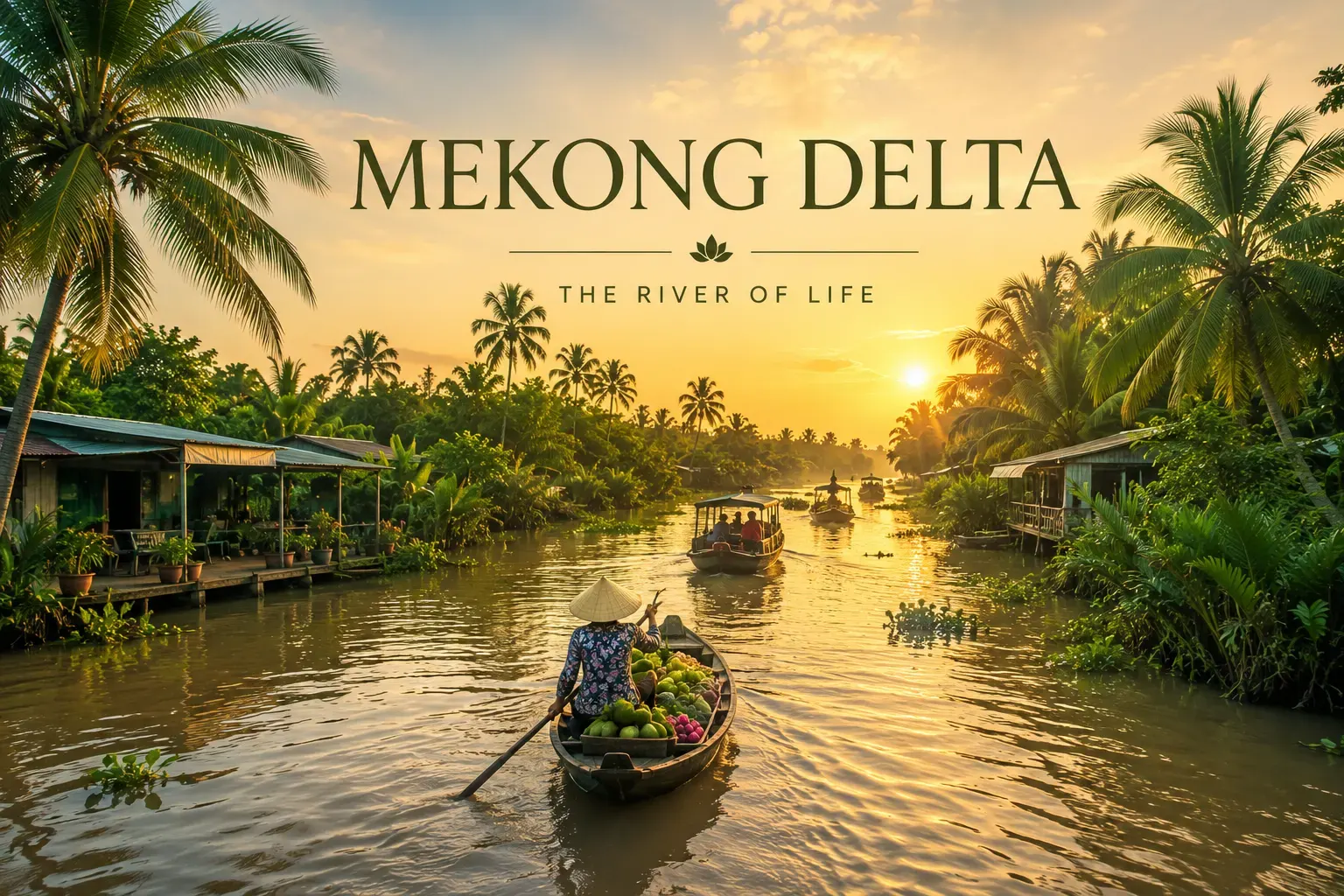 Cai Rang floating market at dawn with colorful boats stacked with tropical fruit Mekong Delta Bali