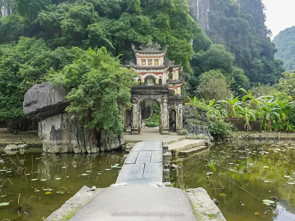 Bich Dong Pagoda built into karst cave with stone steps Ninh Binh Bali