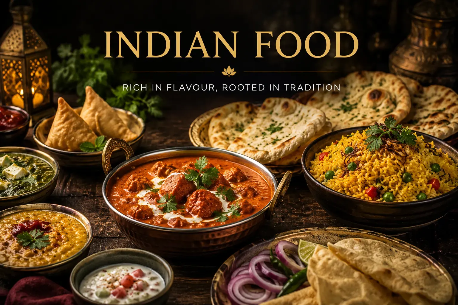 Indian thali and curry dishes on a restaurant table in Bali