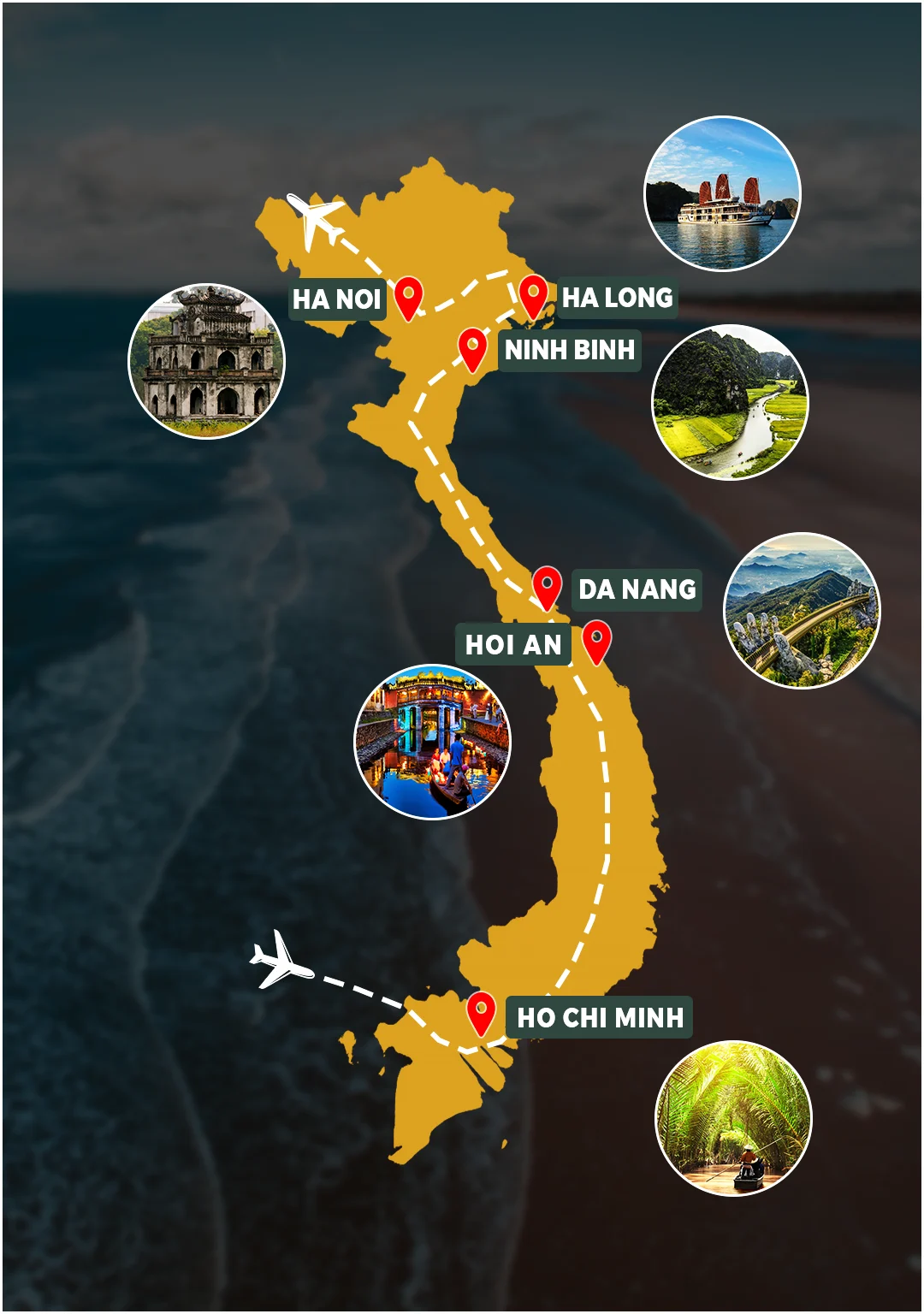 Bali 12 Days route map: Ho Chi Minh City – Mekong Delta – Da Nang – Hoi An – Hanoi – Ninh Binh – Ha Long Bay