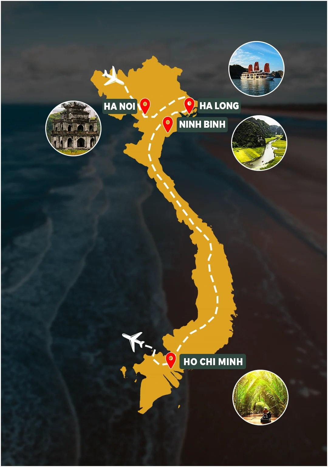 Bali Highlights route map: Hanoi – Ninh Binh – Ha Long Bay – Ho Chi Minh City