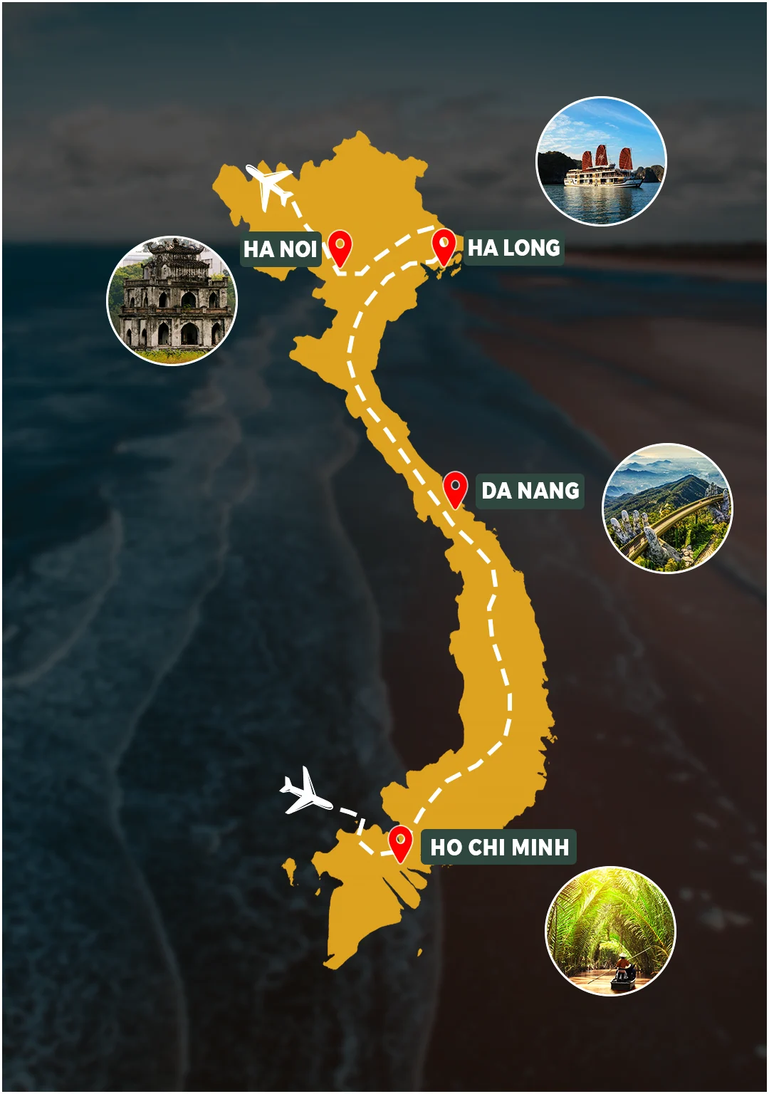 Best of Bali 7 Days route map: Ho Chi Minh City – Da Nang – Hanoi – Ha Long Bay