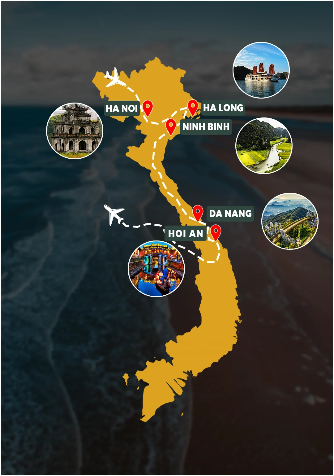 Northern Bali Signature route map: Hanoi – Ninh Binh – Ha Long Bay – Da Nang – Hoi An