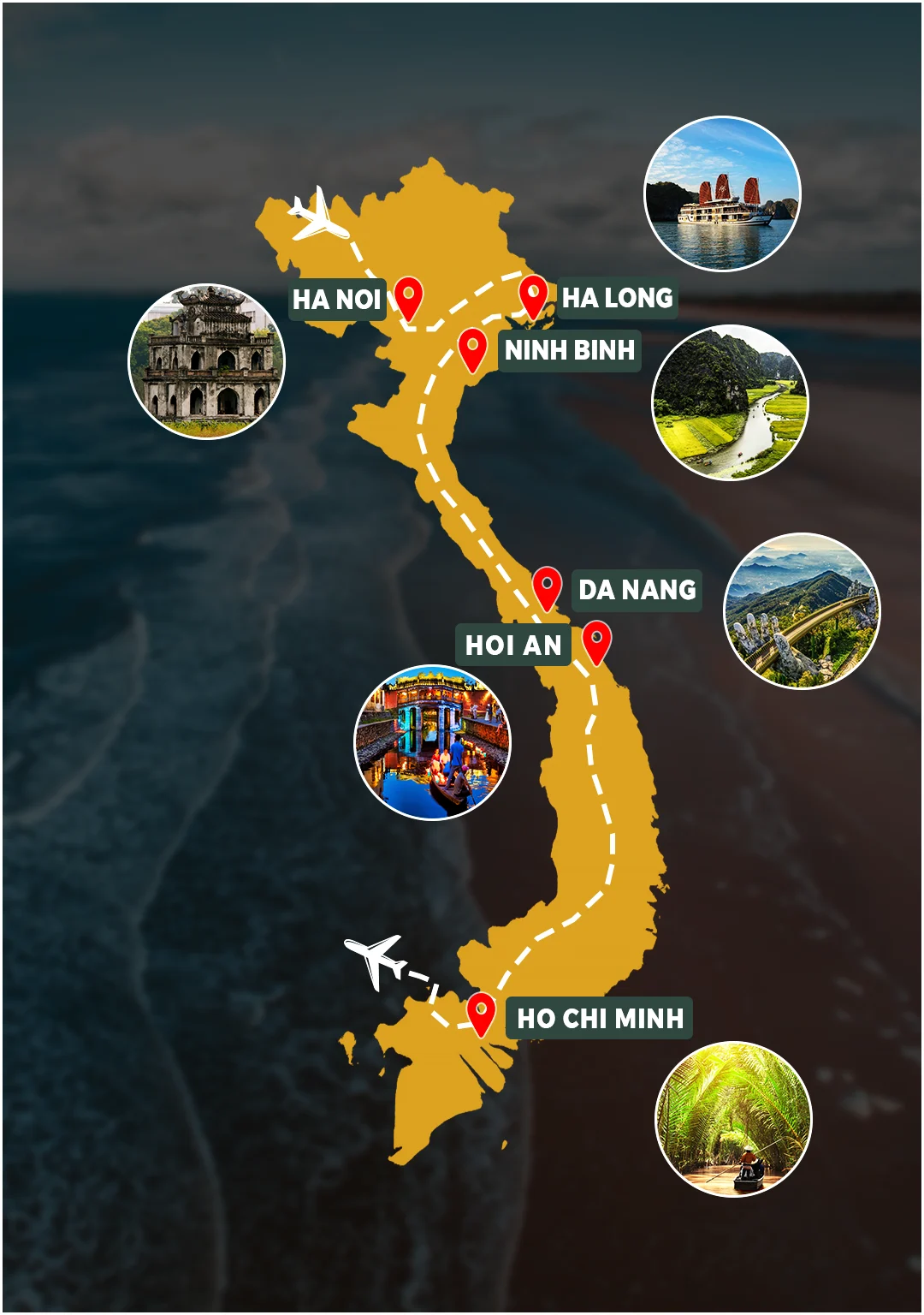 Best of Bali route map: Hanoi – Ninh Binh – Ha Long Bay – Da Nang – Hoi An – Ho Chi Minh City – Mekong Delta