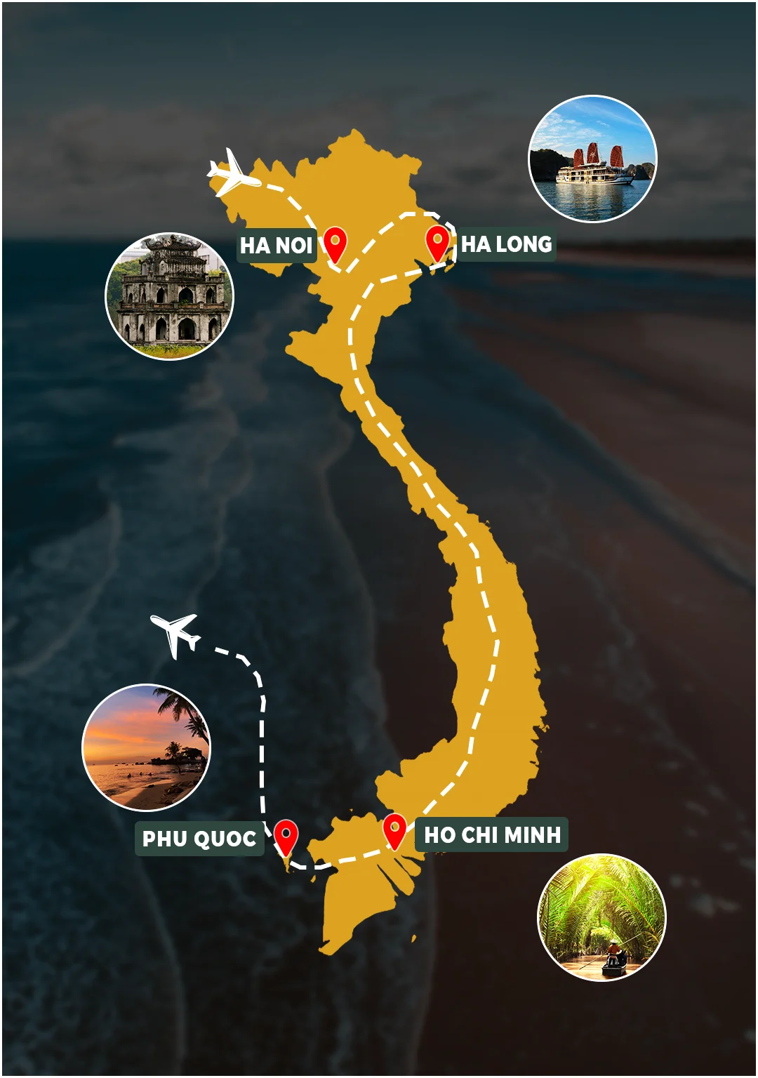 Ultimate Bali 8 Days route map: Hanoi – Ha Long Bay – Ho Chi Minh City – Phu Quoc